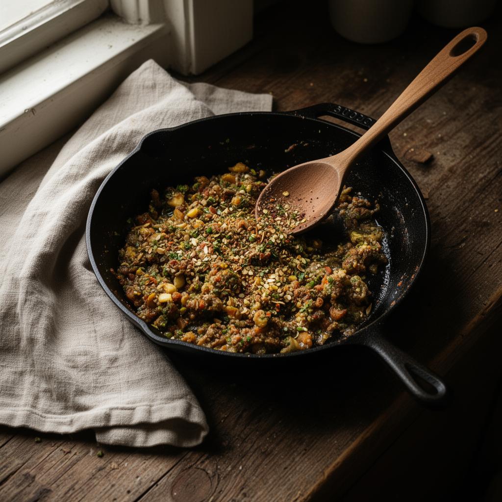 The reviewed cast iron skillet on a kitchen counter after use, with a linen towel and wooden spoon.