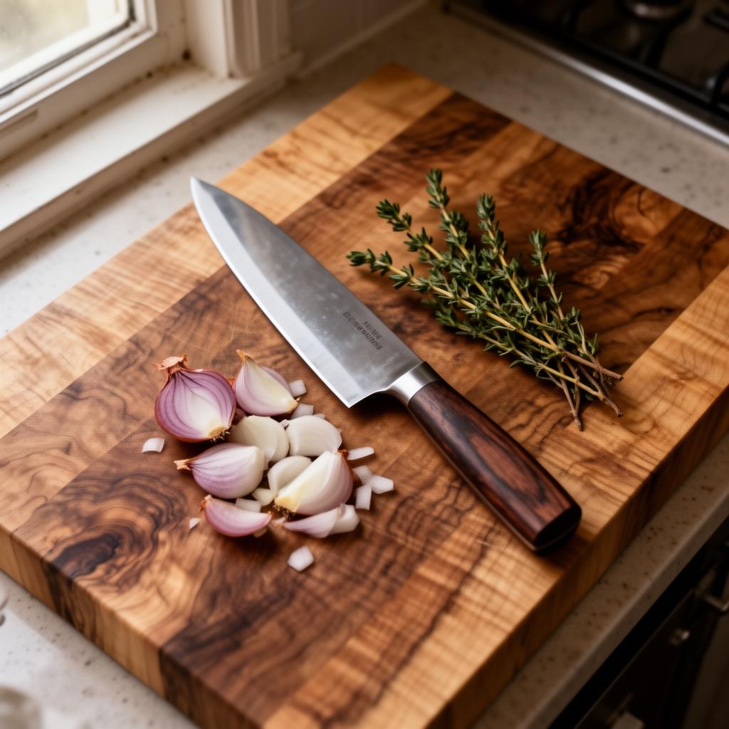 The reviewed chef knife on a maple cutting board with sliced shallots and thyme.