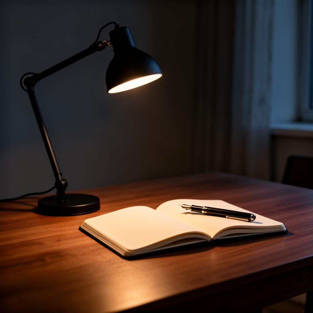 The reviewed architect desk lamp lit over an open notebook and fountain pen at night.