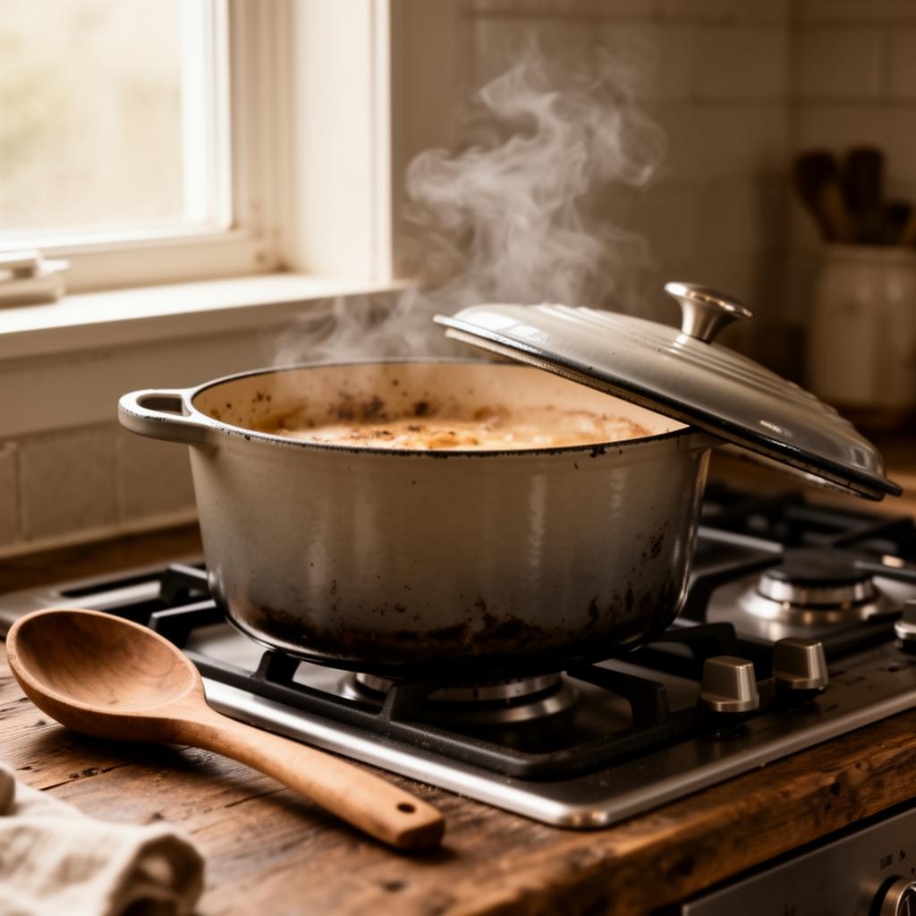The reviewed enameled Dutch oven on a gas stovetop with steam rising and a wooden spoon resting beside it.