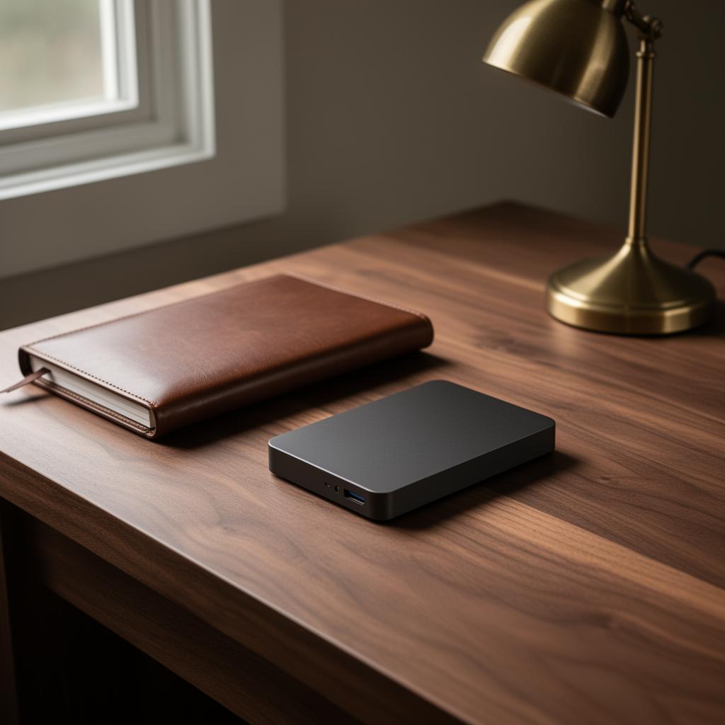 The reviewed external SSD on a walnut writing desk beside a leather notebook.