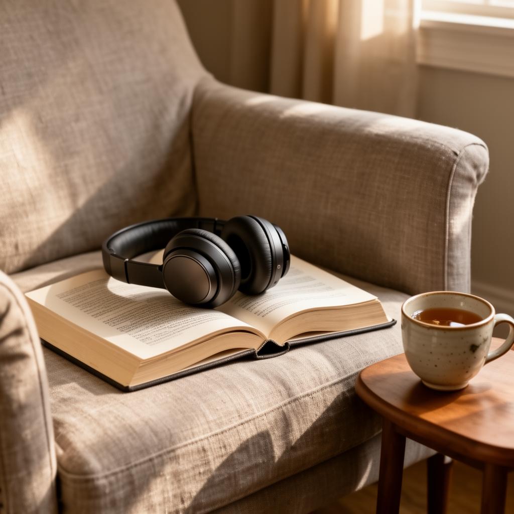 The reviewed over-ear headphones resting on an open book on a linen armchair, with a mug of tea.