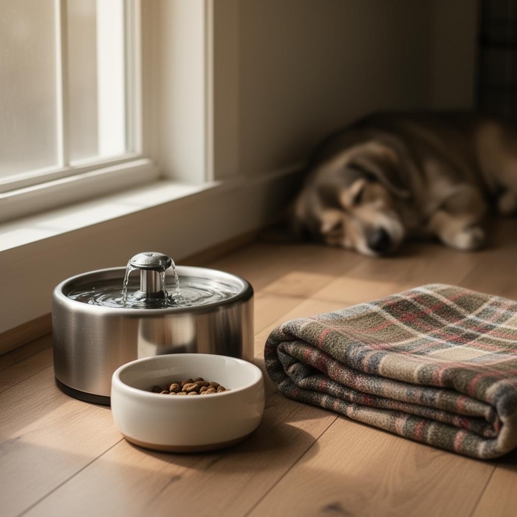 A stainless steel pet water fountain, ceramic food bowl, and folded plaid pet blanket beside a sleeping dog.